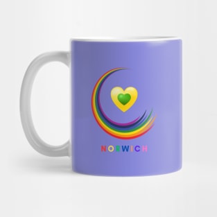 Norwich Pride Rainbow with green and yellow hearts Mug